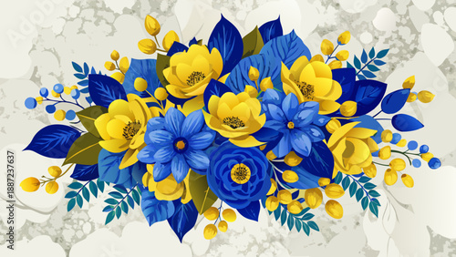 Very beautiful cluster of blue and yellow flowers arranged on a white marble background, creating a fresh, modern floral composition with elegant contrast and refined surface texture.