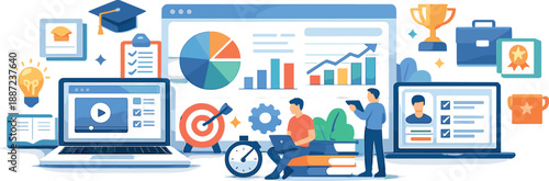 LMS Dashboard Visualization. Performance-driven learning management systems visualization with dashboards, charts, laptops, and