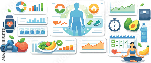 Healthy Habits Ecosystem. Digital healthy habits ecosystem visualization with dashboards, charts, fruits, and fitness icons