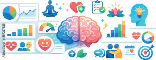 Mindfulness Visualization Art. Performance-driven mental health awareness visualization with dashboards, charts, brains, and