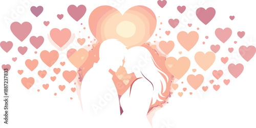 Romantic Silhouette Glow. Forehead-to-forehead couple silhouettes under a heart-shaped lantern glow, gentle gradient haze and