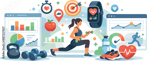 Fitness Dashboard Ecosystem. Strategic fitness activities ecosystem with dashboards, charts, dumbbells, and heart rate icons