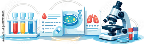 Scientific Diagnostics Composition. Laboratory diagnostics composition featuring test tubes, microscope, and sample cards arranged