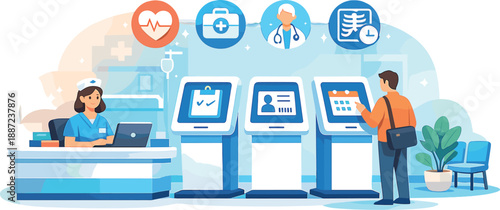 Modern Hospital Reception. Modern hospital reception scene with nurse at a clean desk, patient check-in kiosk icons, and soft glow