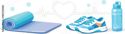 Gentle Workout Scene. Gentle workout routine set with yoga mat, sneakers, water bottle, and heart pulse glow line, airy negative