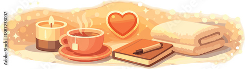 Self-Care Essentials. Self-care corner with candle, tea cup, journal, and folded towel arranged around a small glowing heart badge
