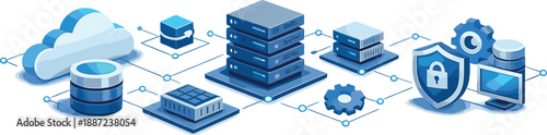 Modern Server Infrastructure. Isometric-style server stack and cloud icons connected by thin network lines and glow dots, showing
