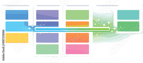 Efficient Kanban Visualization. Kanban-style board with tidy columns of abstract cards and a bright progress bar glow, sparkle