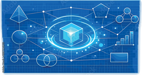 Tech Blueprint Illustration. Blueprint-style grid panel with geometric framework shapes and a highlighted core element, soft glow