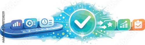 Efficient Workflow Visualization. Streamlined workflow conveyor of rounded task cards flowing into a bright checkmark hub, glow