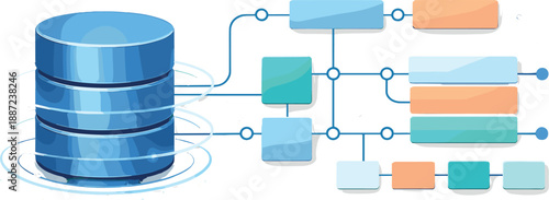 Data Modeling Illustration. Database cylinder connected to tidy schema blocks and node connectors, subtle glow rings and bokeh