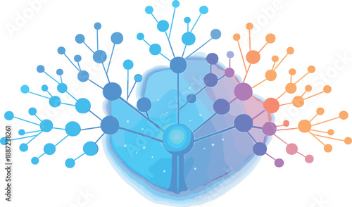 Scalable Network Growth. Network graph of nodes branching into new nodes like a growing tree, glow halos and gradient haze showing
