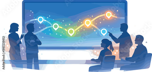 Team Planning Session. Planning workshop scene with team silhouettes around a large digital whiteboard, glow roadmap nodes and