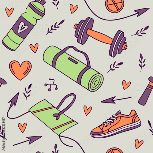 Seamless Workout Doodle Pattern with Dumbbell, Sneakers and Water Bottle on Gray