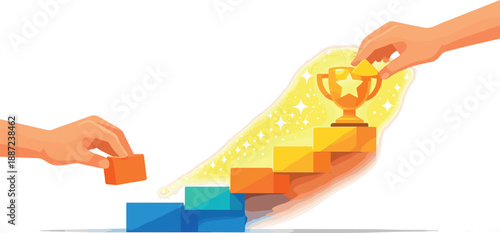 Ascending to Success. Hands stacking geometric blocks into a staircase leading to a glowing trophy-star silhouette, sparkle dust