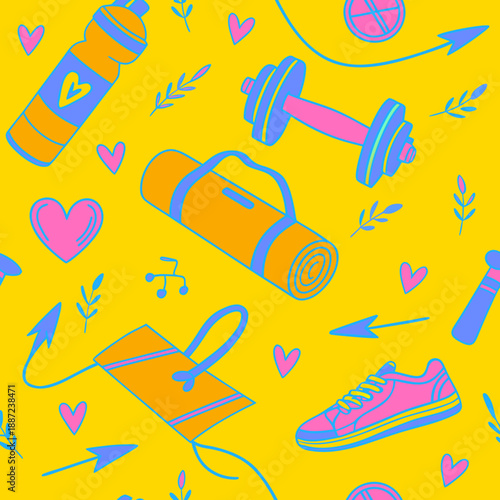 Seamless Neon Fitness Pattern with Dumbbell, Yoga Mat, Sneakers and Water Bottle on Yellow