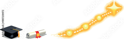 Path to Achievement. Graduation cap and certificate icons arranged beside a dotted milestone path leading to a bright star goal,