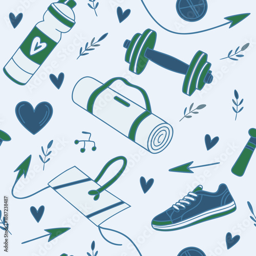 Seamless Fitness Icons Pattern with Dumbbell, Yoga Mat and Sneakers in Blue and Green
