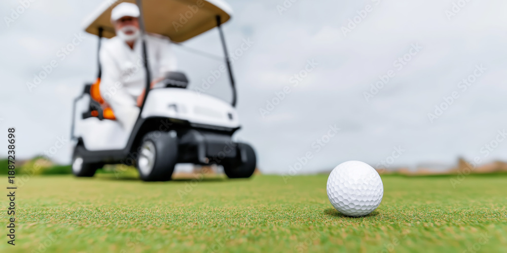 Obraz premium Golf ball on green course with senior man driving golf cart showing active leisure lifestyle