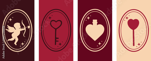  Love potion, heart-shaped candy, Cupid, key to the heart. Romantic concept. Happy Valentine's day. Vector illustration. Trendy background. Phone wallpaper.