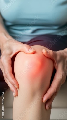 Knee Pain Awareness: A close-up view highlights a hand gently cupping a painful knee, with a noticeable area of inflammation, highlighting the struggle and awareness of joint discomfort. 