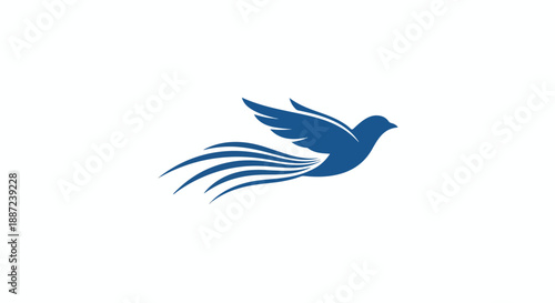 A blue bird in flight with outstretched wings on a white background.