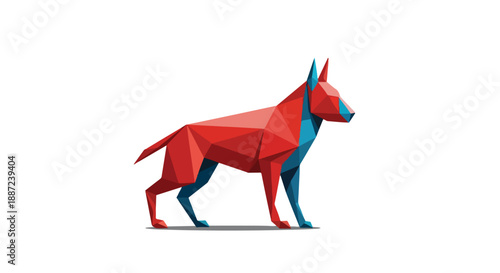 Geometric illustration of a dog in red and blue polygonal shapes on a white background.