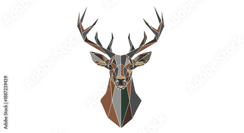 Geometric deer head with colorful, polyhedral shapes on a white background.