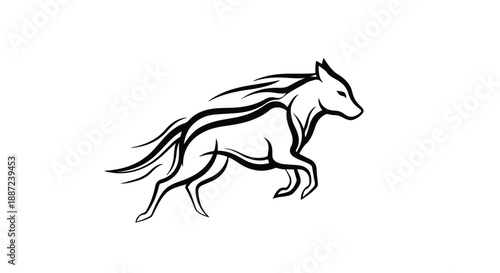 A minimalist line art illustration of a running horse with flowing mane against a clean white background.