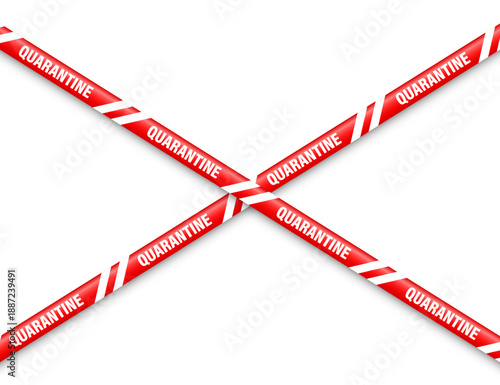 Quarantine zone warning tape. Novel coronavirus outbreak. Global lockdown. Red coronavirus danger stripe. Police caution line, restricted area. Construction tape. Vector illustration