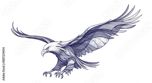 Illustration of a flying eagle with spread wings and sharp talons on a white background in shades of purple.