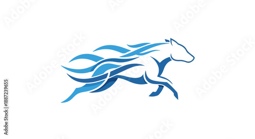 Blue horse logo with flowing mane and tail on white background