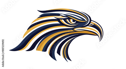 Illustration of a stylized eagle head in navy blue, orange, and white against a clean white background.