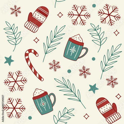 Seamless Winter Pattern with Snowflakes, Mittens, Hat, Bells, Pine Branches and Hot Cocoa Cup