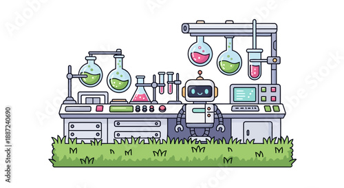 Robot in a science laboratory with various beakers and test tubes.