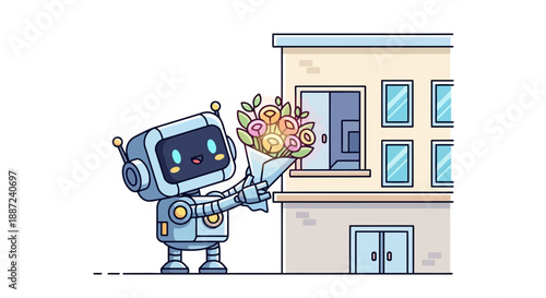 Cute robot delivering a bouquet of flowers to a building window.