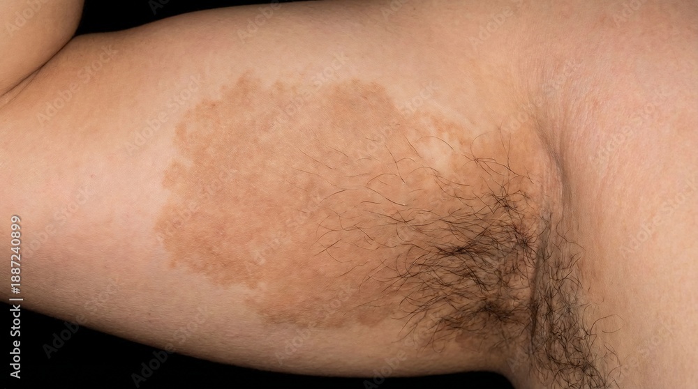 Fototapeta premium Large brown skin birthmark on human armpit and upper arm