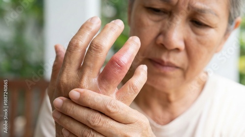 Senior woman holding her swollen inflamed finger joint