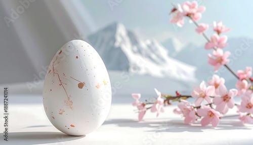 Elegant Easter Egg with Cherry Blossoms and Mountain Backdrop.
