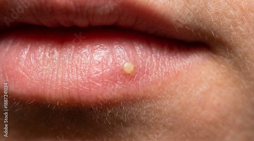 Macro view of small white pustule on human lip surface