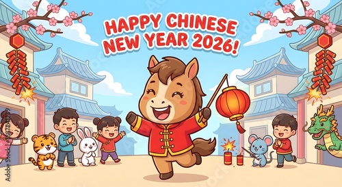 Cute Cartoon Horse Mascot Chinese New Year 2026 Vector Illustration