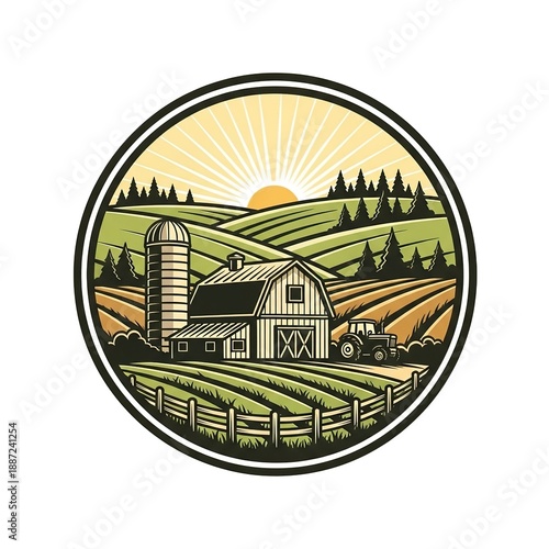 Wallpaper Mural Rustic farm landscape with barn and tractor at sunrise Torontodigital.ca