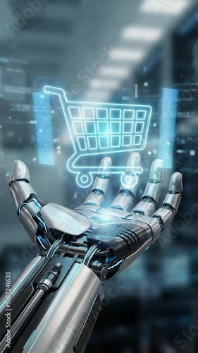Digital Shopping Assistant: A futuristic, robotic hand elegantly presents a glowing shopping cart icon, symbolizing the seamless integration of technology and the ease of online retail experiences.