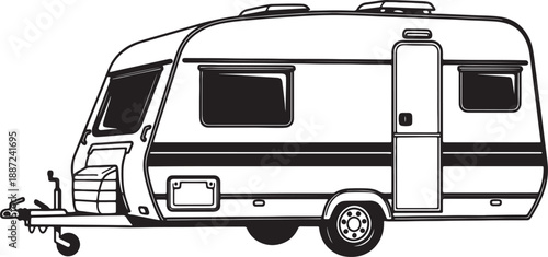 A black and white line of a compact travel trailer with horizontal stripes and a front door step also transparent background