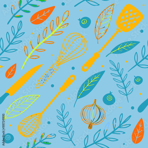 Seamless Bright Kitchen Utensils Pattern with Whisk, Spatula, Knife and Onion on Blue