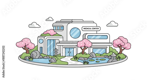 Futuristic Medical Center Building with a Serene Japanese Garden.