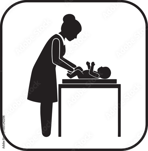 Black silhouette of a woman changing a baby on a changing table also transparent background white