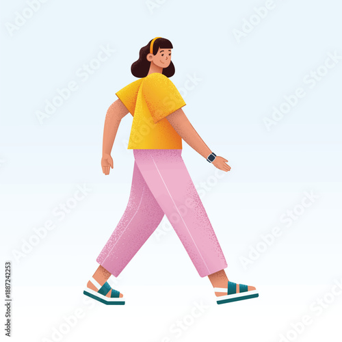 Walking Woman in Yellow Top with Smartwatch