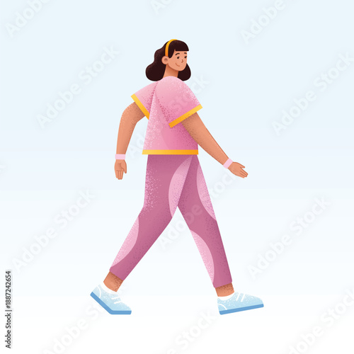 Sporty Woman Walking in Pink Fitness Outfit Vector