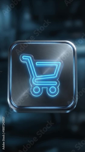 Online Shopping Symbol: A sleek, metallic shopping cart icon illuminated with a glowing neon outline, conveying the ease and convenience of online shopping. 